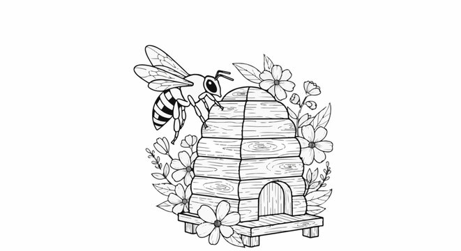 A bee lands on a wooden beehive surrounded by flowers