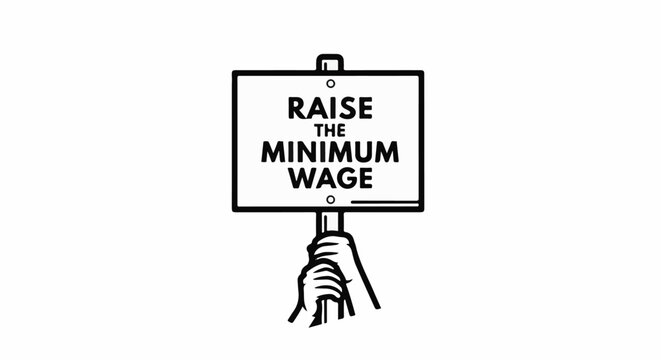 A hand holds a sign demanding a raise in the minimum wage
