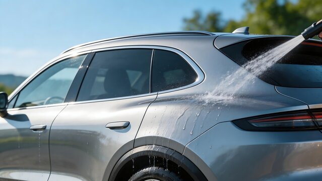 Silver SUV being washed with water