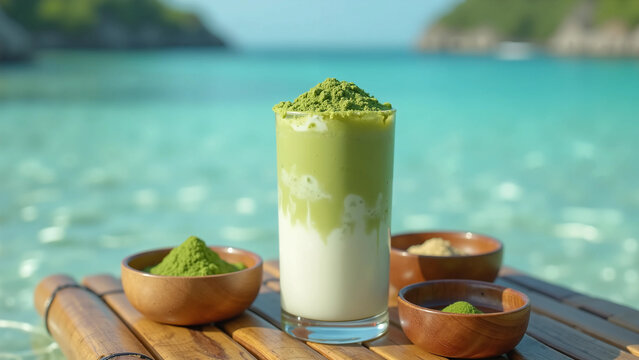 Iced Matcha Green Tea Latte on Tropical Beach Bamboo Table with Ocean Background