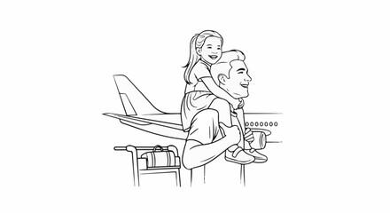Fototapeta premium A father carries his daughter on his shoulders near an airplane and luggage