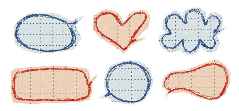 Set of cut paper speech bubble with hand drawn crayon frame