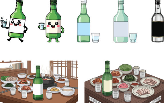 Soju Bottle Vector Set &ndash; Korean Alcohol Drinks, Cute Mascots & Dining Scene Illustrations