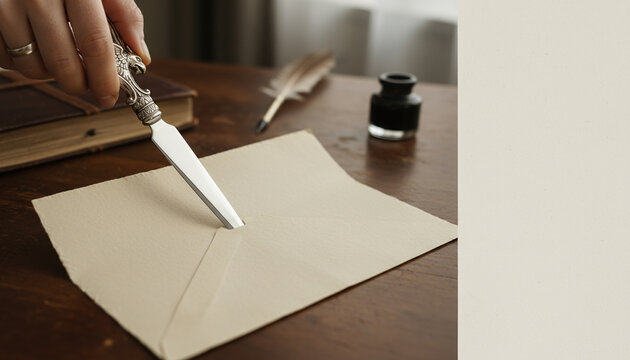 Modern pen cuts open snail mail envelope for cultural exchange of handwritten letters between pals creating warm connection