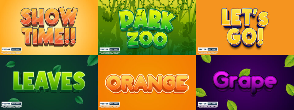 Fun 3D text styles for "show time!" "park zoo" "lets go!" "leaves" "orange" "grape" with typography illustration abstract creative template rendering lettering alphabet promotion energetic