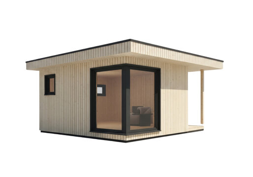 Modern wooden garden shed with large glass windows isolated on transparent background