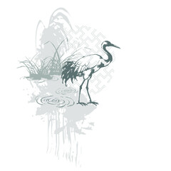 Obraz premium crane bird abstract brush japanese chinese vector ink traditional asian design isolated