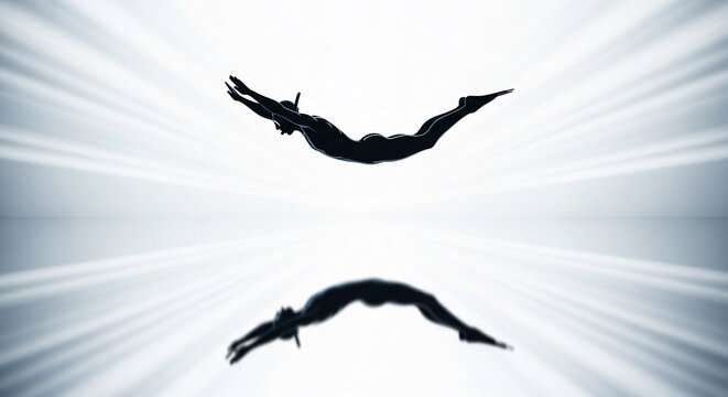 Silhouette of a diver suspended in air, with a mirrored reflection below against a bright, abstract background.