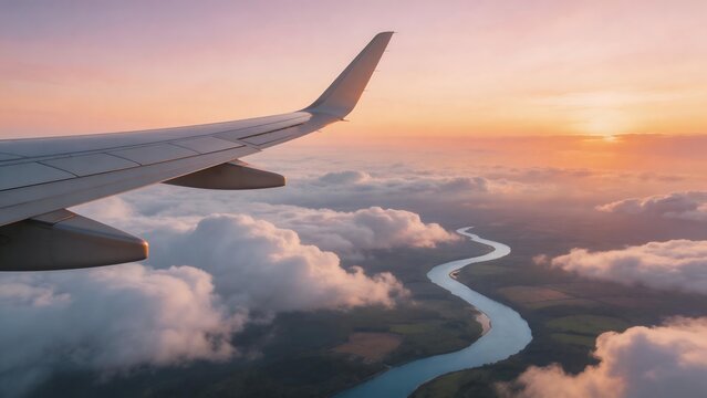 Airplane wing over river at sunset