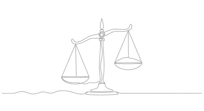 Line art of justice scales on a white background with balance scale measurement tool fairness