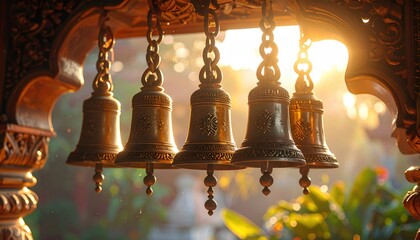 Obraz premium Ornate Bronze Bells Hanging in Warm Sunlight, Showcasing Traditional Craftsmanship and Serene Atmosphere