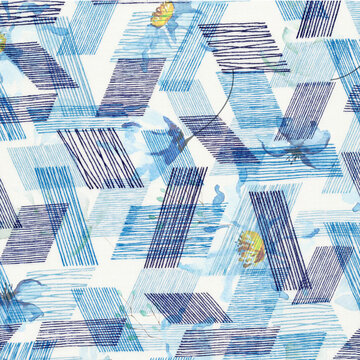 A modern artistic pattern featuring layered blue diagonal crosshatch textures and geometric rhomboid shapes over subtle, watercolor-style blue flowers. A clean and minimalist design ideal for tech acc