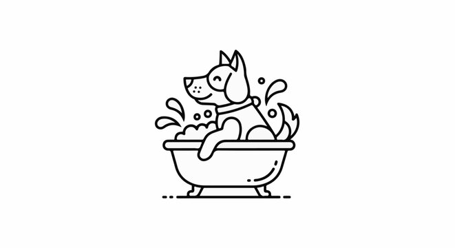 A happy dog is bathed in a bubbly bathtub