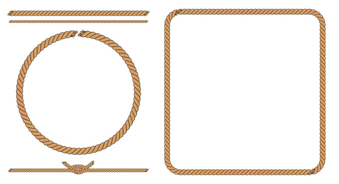 Rope frame set with round and square borders, plus straight and knotted rope segment. Colored vector illustration isolated on white background, nautical and rustic design elements.