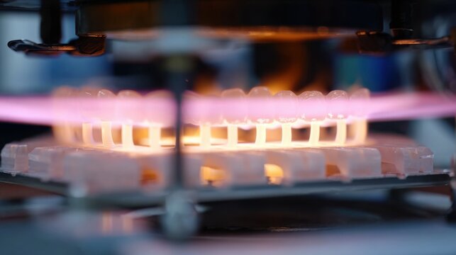 Medium shot highlighting the heating element close to a plastic tray before thermoforming with orthodontic models faintly visible and softly blurred behind.