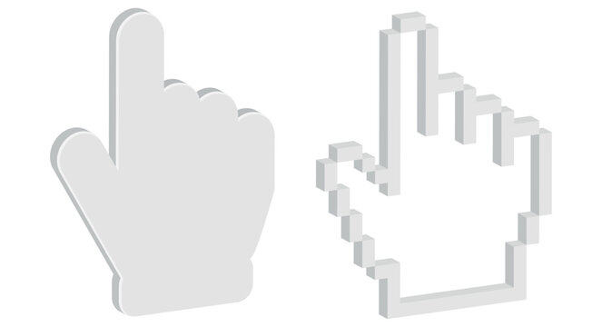 Two hand cursor styles including a smooth rendered hand and a classic pixelated 3D cursor. Ideal for UI design web tutorials or interface element mockups.