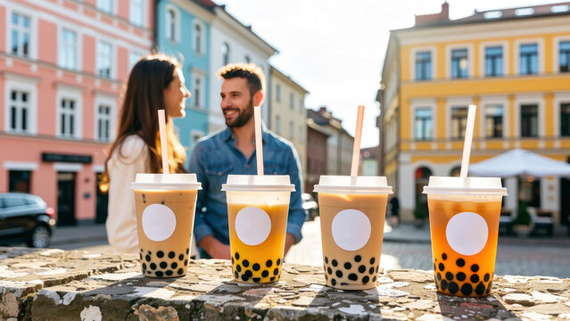 Two people chat and smile at each other in a vibrant street. Various drinks sit on a wall in front of them. The sun shines down, creating a warm and inviting atmosphere