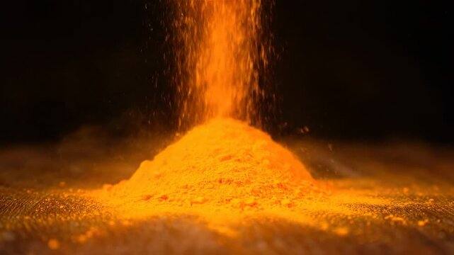 Powdered substance falling forming a small pile against a dark background, in warm lighting