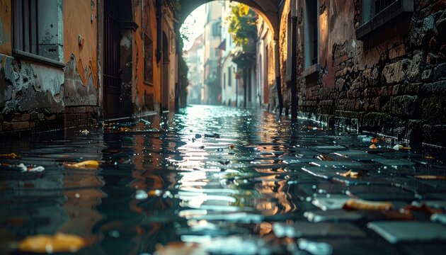 Submerged cobblestone street under an archway with water reflections and distant buildings