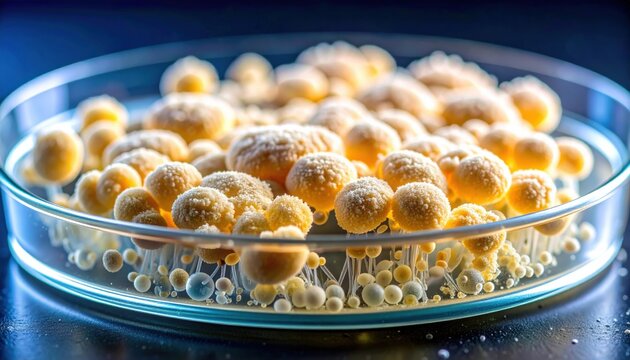 Microscopic Colony of Yeast Cells Undergoing Budding Reproduction in a Laboratory Culture Dish
