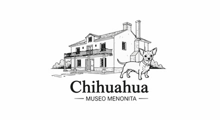 Fototapeta premium A black and white illustration shows a house and a chihuahua in front of it