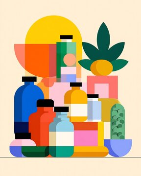 Colorful geometric illustration of stacked bottles, jars and product containers with stylized plant motif
