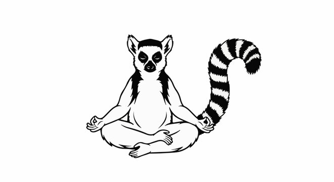 A black and white line art illustration of a ring-tailed lemur meditating