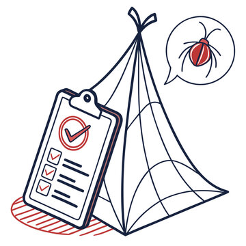 Pest control checklist with spider in thought bubble and web, insect management with verified tasks, bug extermination services.