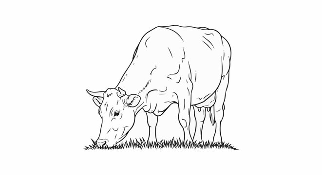 A black and white line drawing of a cow grazing on grass