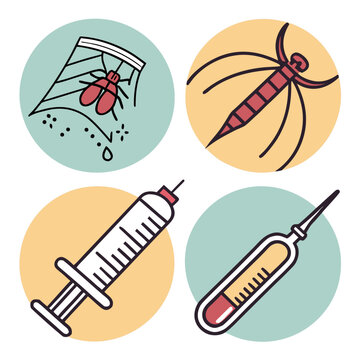 Spider on net catching insects, dangerous insect illustration, syringe with red liquid, vial with red liquid for medical testing.