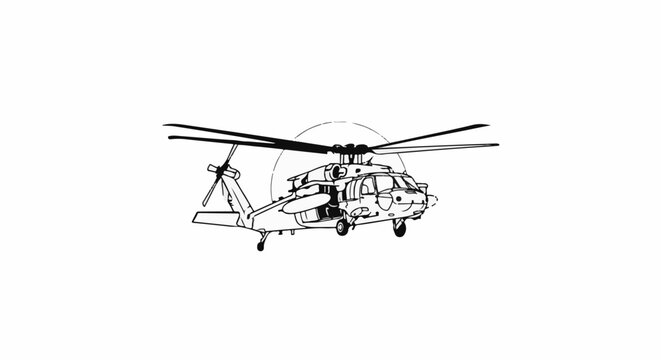 A black and white line drawing of a helicopter in mid-flight