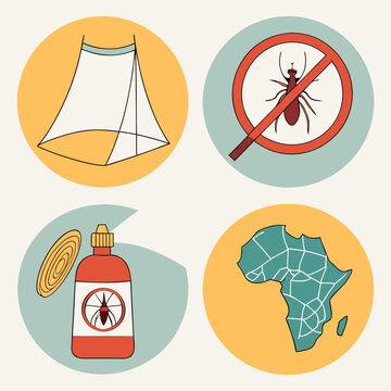 Mosquito net, no insect sign, insect repellent spray bottle, map of Africa representing disease prevention and vector control efforts.