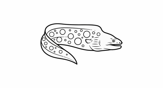 A black and white line drawing of a moray eel with circular patterns