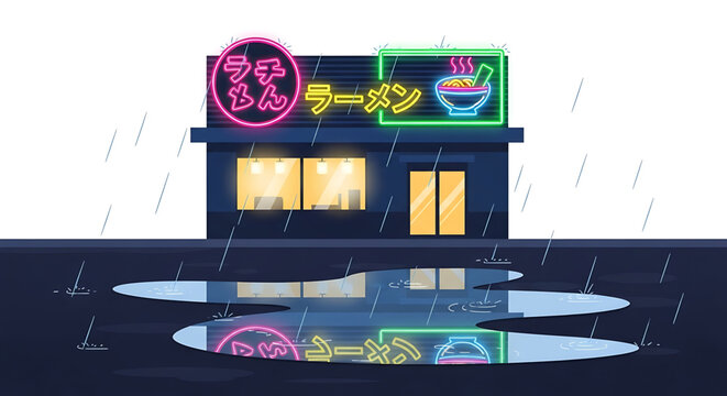 A vibrant neon-lit ramen shop on a rainy night with a puddle reflecting the colorful signs