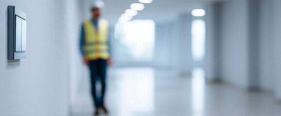 Fototapeta premium Construction worker in empty building corridor