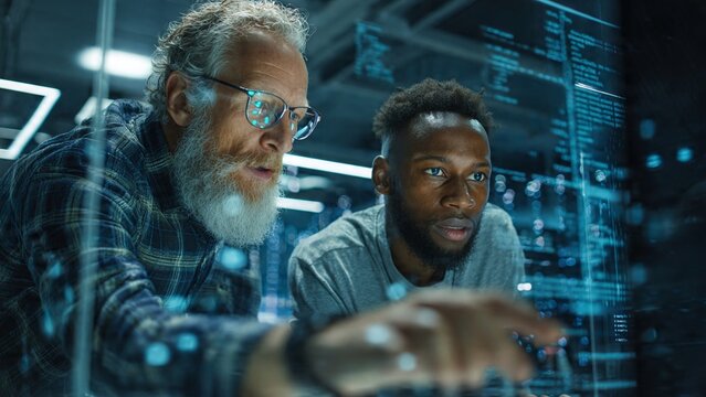 Developers pair programming, troubleshooting code, collaborative problem solving, Peer programming &ndash; two co‑workers fixing software issues together