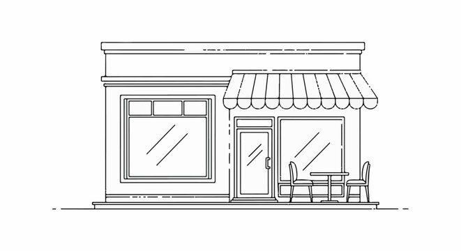 Simple line drawing of a storefront with an awning and outdoor seating