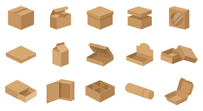 Set of packaging box types with cardboard carton, mailer and gift container for logistics or shipping industry. Ecommerce parcel collection for storage, delivery or retail branding and product mockup