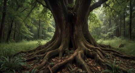 Fototapeta premium Massive ancient tree roots spreading across a lush green forest floor