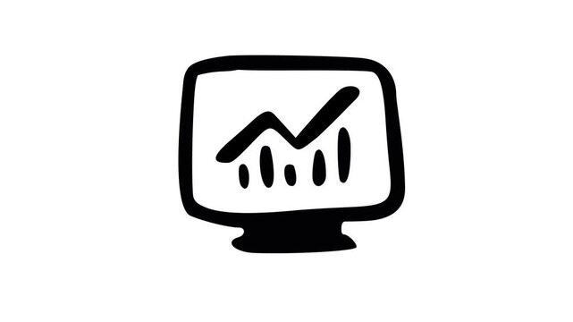 A black and white icon of a computer monitor displaying a line graph with an upward trend on the screen doodle animated 4k stock video