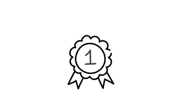 A black line drawing of a rosette award ribbon with the number 1 inside doodle animated 4k stock video
