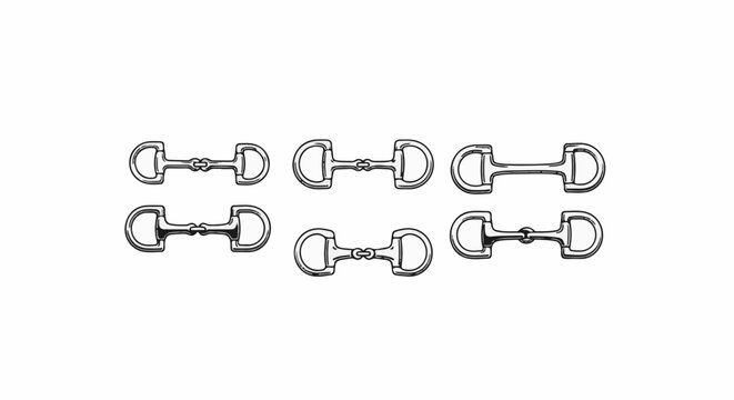 Six equestrian bits, various styles, shown in line art