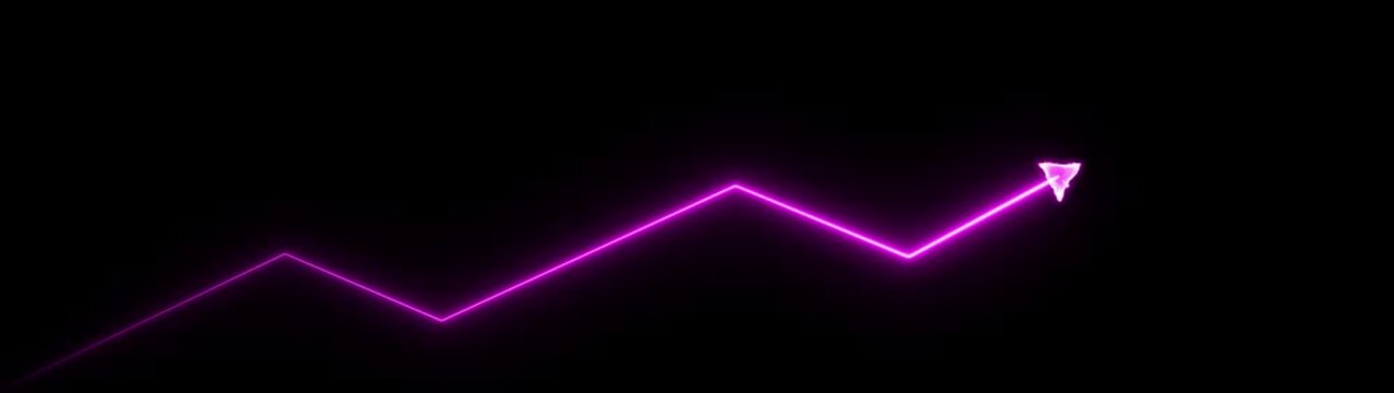 A vivid magenta neon line graph with an upward trajectory and a pointed arrow at its apex, presented on a solid black background, representing advancement and positive development in a