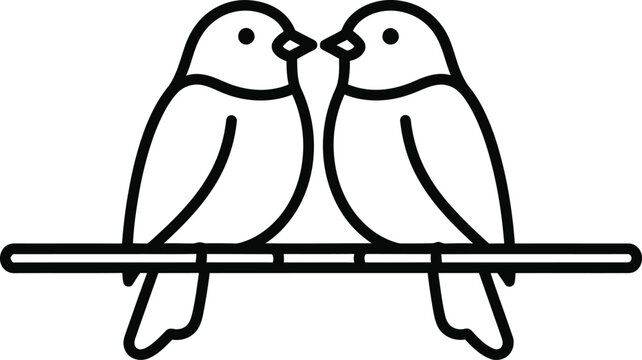 A simple black and white line art illustration of two lovebirds sitting together on a branch