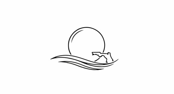 Simple line art depicts a sun, waves, and outline of a state