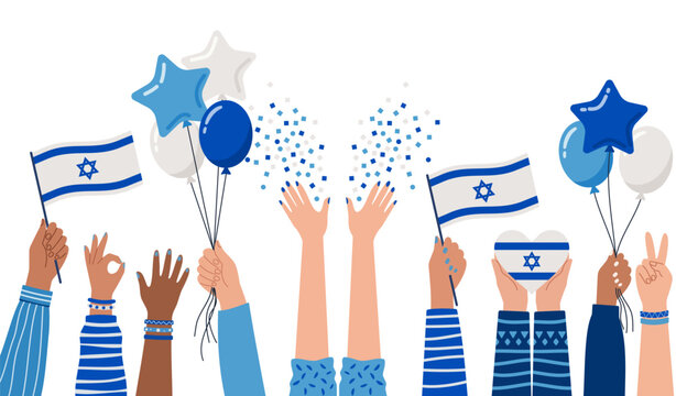 Cheering hands holding Israeli flag with balloons, heart and confetti for fun Yom Ha'atzmaut celebration, Jewish holiday event or independence day with community pride, unity and joy at festive party