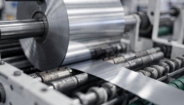 Detailed medium shot of thin gauge metal coil on mandrel being cut to length focusing on sharp blades and conveyor system in highspeed production environment.