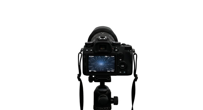 Nikon Z9 mirrorless camera capturing futuristic starfield tunnel effect on LCD screen professional photography equipment on black backdrop