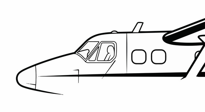 Side view line drawing of a twin-engine propeller aircraft with a pilot visible