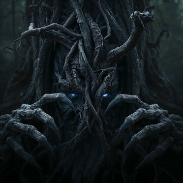 Mystical Leshy Slavic Forest Spirit, ancient woodland deity with glowing eyes in a dark foggy forest.